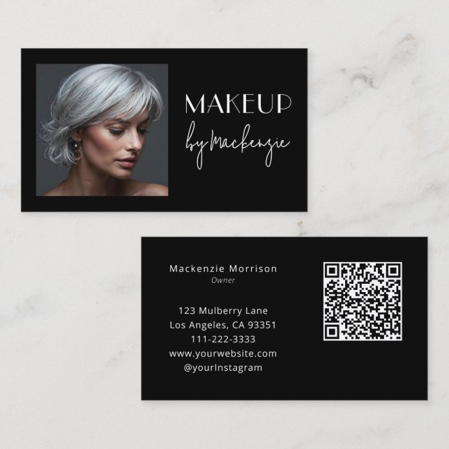 Carte De Visite Elegant Black Script QR Code Photo Makeup (Devant / Derrière)