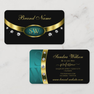 Carte De Visite Elégant Black Turquoise Gold avec Monogramme et Di