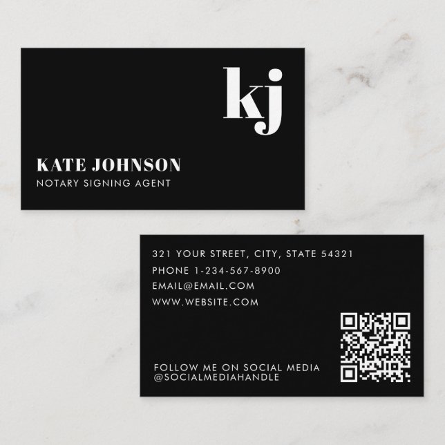Carte De Visite Elegant Black White Minimalist QR Code Monogram (Devant / Derrière)