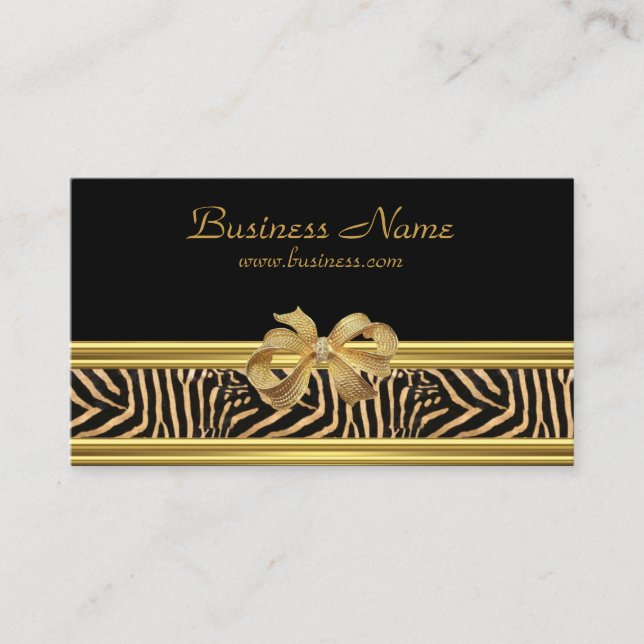 Carte De Visite Elégant Black Zebra Stripe Gold Bow (Devant)