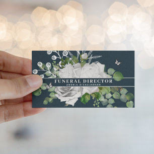 Carte De Visite Élégant Blanc Floral & Eucalyptus Funeral Director