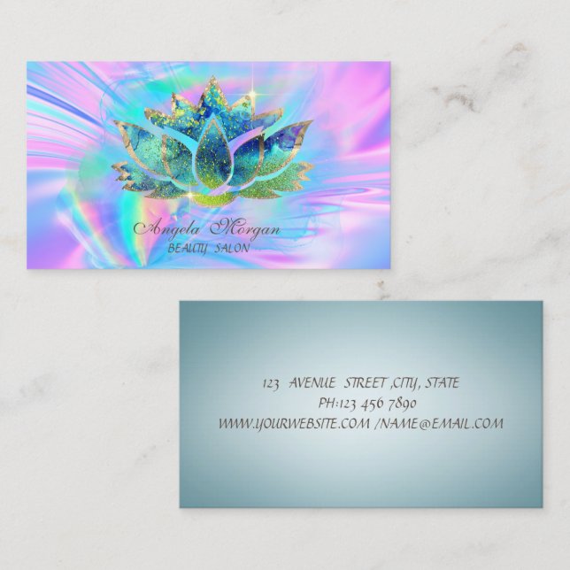 Carte De Visite Élégant bleu chic Lotus Fleur Holographique (Devant / Derrière)