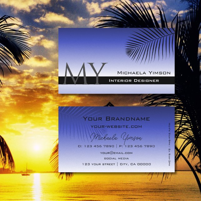 Carte De Visite Élégant bleu dégradé feuille de palme Monogramme s (Créateur téléchargé)