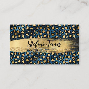 Carte De Visite Élégant Bleu et Gold Foil Leopard Brush Stroke