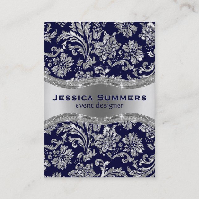 Carte De Visite Élégant bleu foncé et métal argenté Damas floraux (Devant)