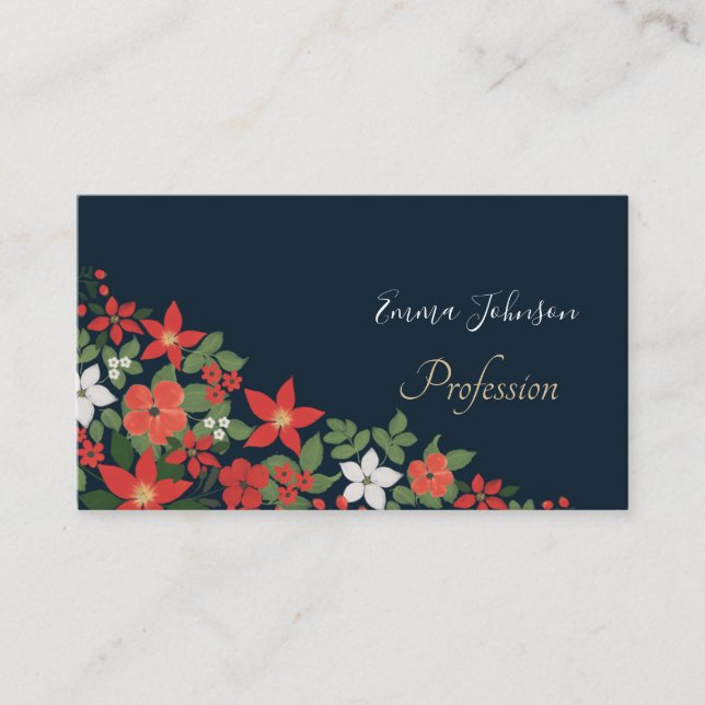 Carte De Visite Élégant bleu hiver rouge blanc floral peinture (Devant)