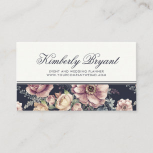 Carte De Visite Elégant bleu marine et floral mauve Aquarelle