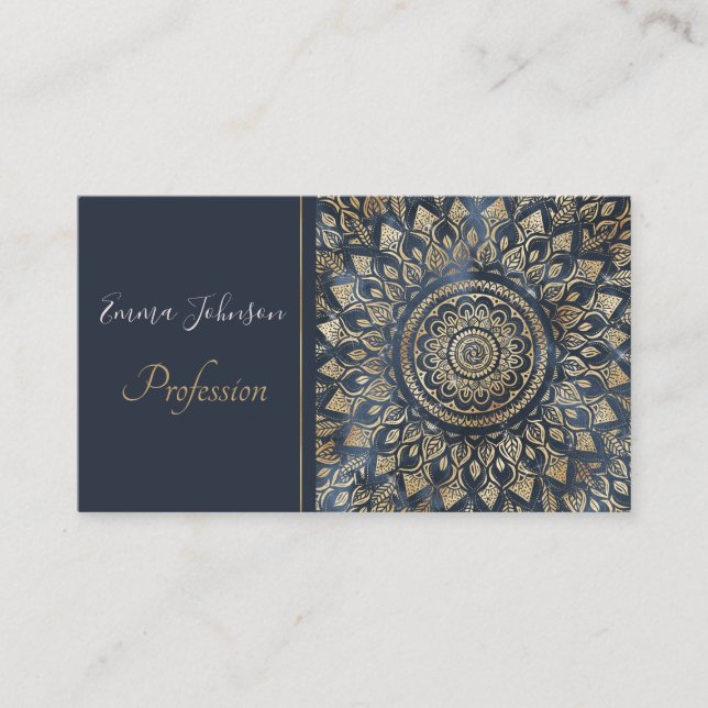 Carte De Visite Elégant bleu or Mandala Floral (Devant)