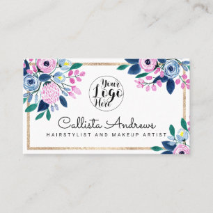 Carte De Visite Elégant bleu rose Floral or Bordure Aquarelle