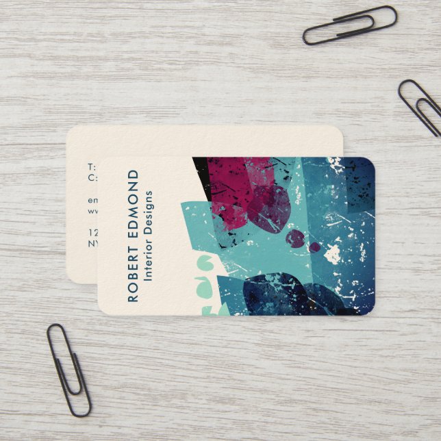 Carte De Visite Elégant bleu turquoise et bordeaux Abstrait QR (Devant/Arrière en situation)