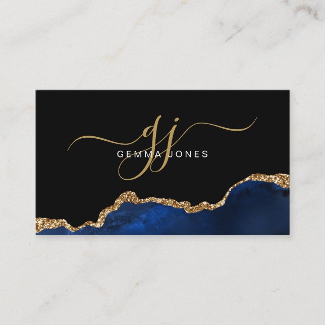 Carte De Visite Élégant Blue Agate Gold Parties scintillant Script (Devant)