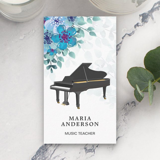 Carte De Visite Elégant Blue Floral Grand Piano musicien Pianiste (Créateur téléchargé)