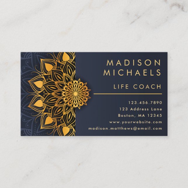 Carte De Visite Elégant Blue Gold Mandala Life Coach (Devant)