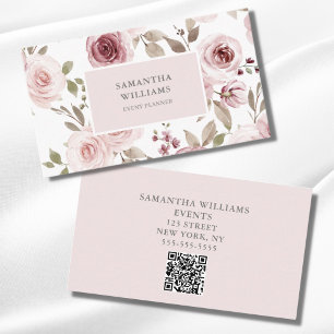Carte De Visite Élégant Blush Pink Floral Event Planner QR Code