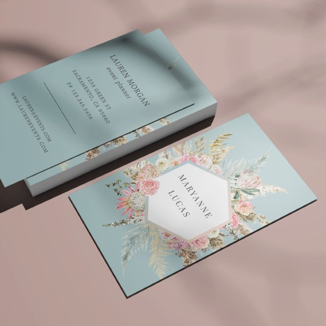 Carte De Visite Élégant Bohème Floral Monogramme Bleu (Créateur téléchargé)