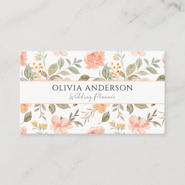 Carte De Visite Elégant Boho Peach Green Floral Aquarelle tendance (Devant)