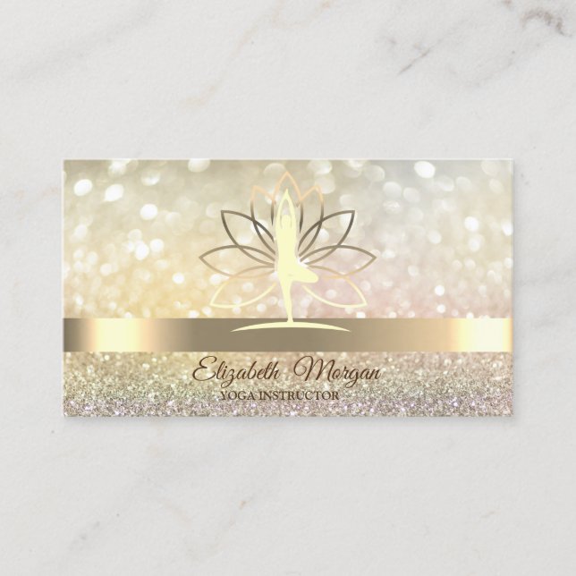Carte De Visite Élégant Bokeh Gold, Lotus Women Yoga Instructeur (Devant)