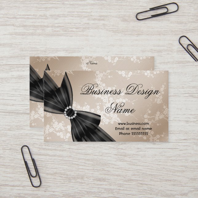Carte De Visite Elégant Bow en Fleur Beige Fleur Noir Diamant (Devant/Arrière en situation)