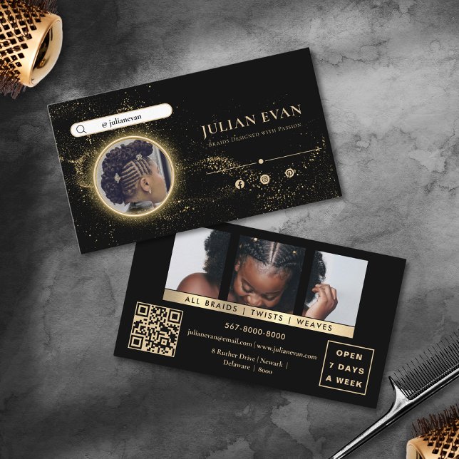 Carte De Visite Élégant bracelet de cheveux noirs et d'or africain (Stylish Black and Gold African Hair Braiding Business Card)