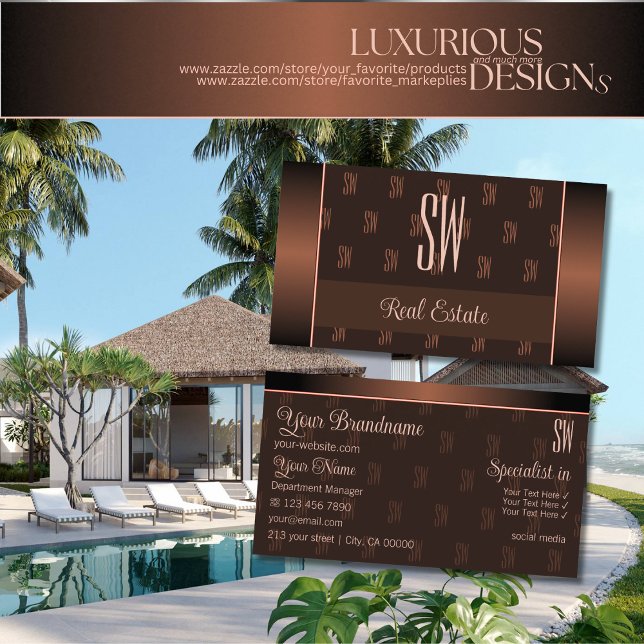 Carte De Visite Élégant Brown avec Initiales Motif Professionnel (Créateur téléchargé)