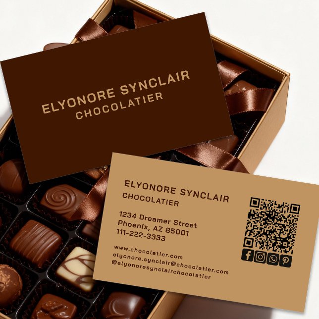 Carte De Visite Elegant Brown Chocolatier Social Icon QR Code  (Créateur téléchargé)