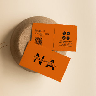 Carte De Visite Élégant Burnt Orange QR Code Monogramme Logo Boho