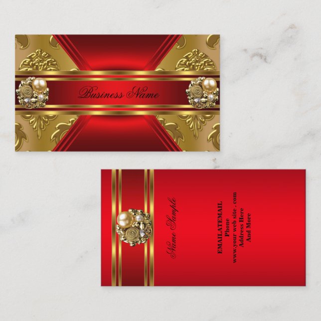 Carte De Visite Élégant Business Rouge or Damask Jewel (Devant / Derrière)