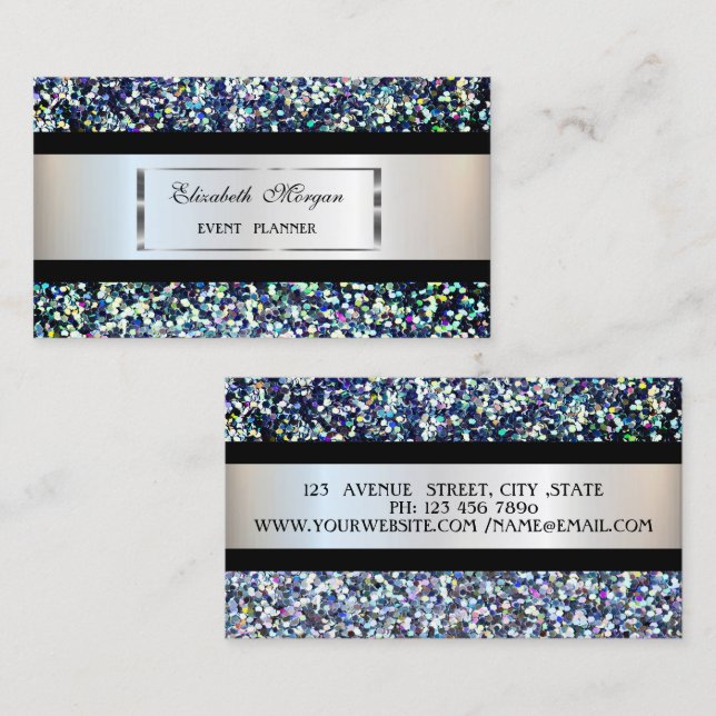 Carte De Visite Élégant, Cadre Argent, Bande Noire, Séquins (Devant / Derrière)