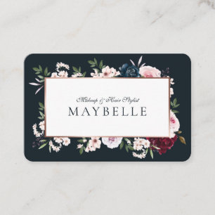 Carte De Visite Elégant cadre floral bordeaux & marine aquarelle
