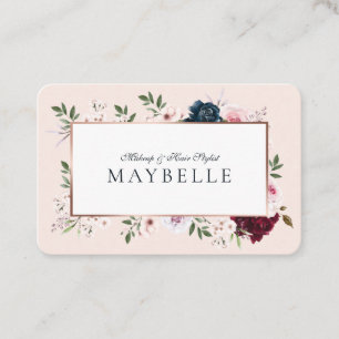 Carte De Visite Elégant cadre floral bordeaux & marine aquarelle