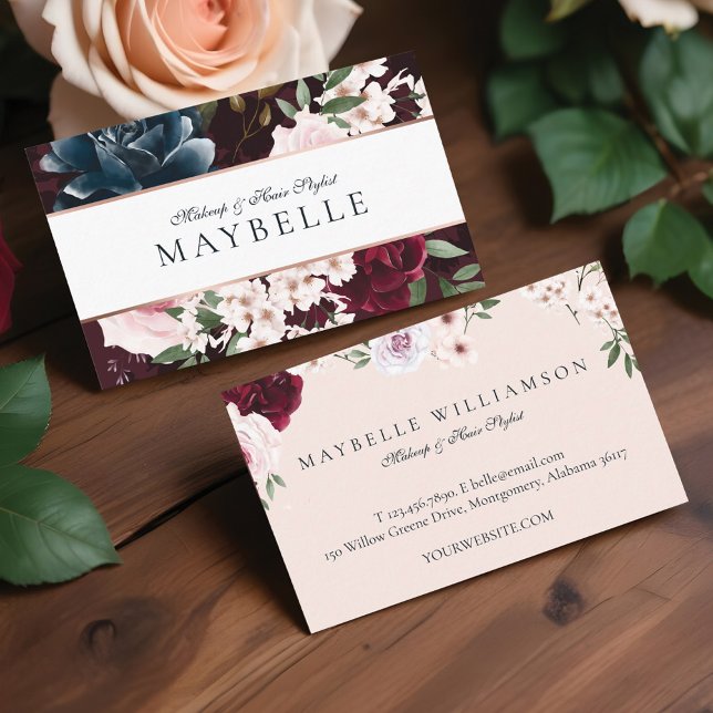 Carte De Visite Elégant cadre floral bordeaux & marine aquarelle (Elegant Burgundy & Navy Watercolor Floral Frame Business Card)