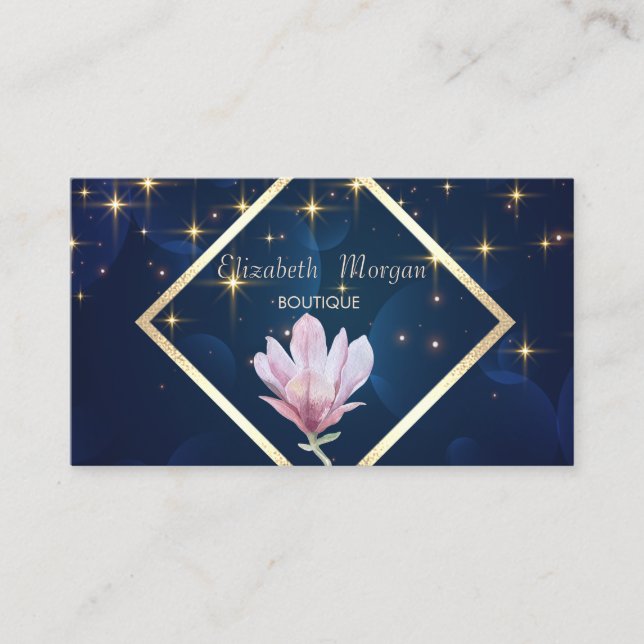 Carte De Visite Elégant, Cadre Or, Etoiles Aquarelle Magnolia (Devant)