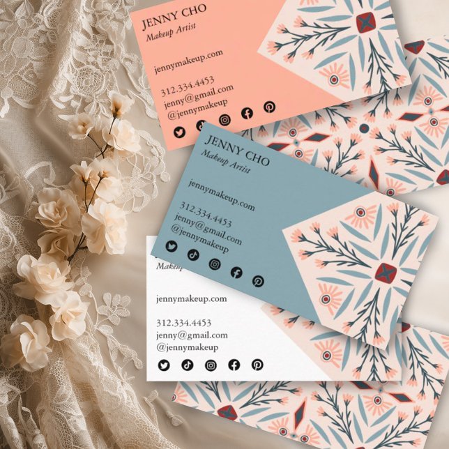 Carte De Visite Elégant carreaux floraux Beauté géométrique rose (Handmade pretty elegant pattern on these custom business cards with social media icons)
