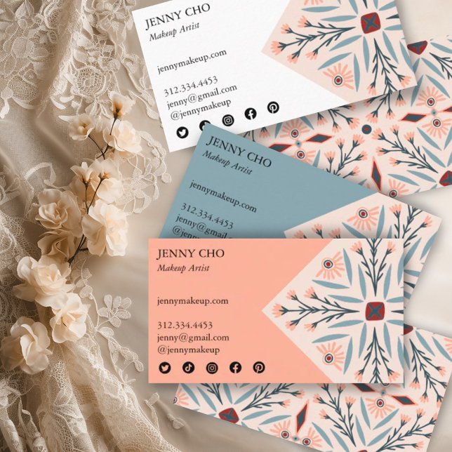 Carte De Visite Elégant carreaux floraux Beauté géométrique rose (Handmade pretty elegant pattern on these custom business cards with social media icons)