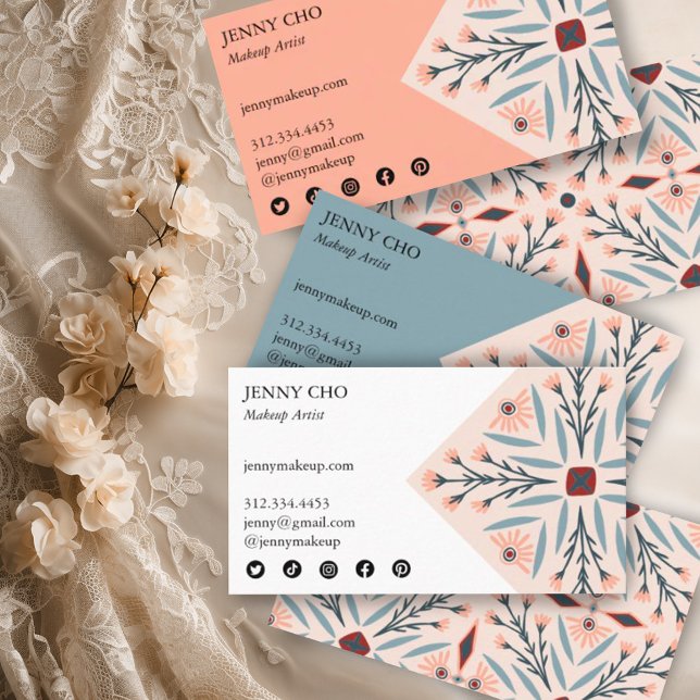 Carte De Visite Elégant carreaux floraux Beauté géométrique rose (Handmade pretty elegant pattern on these custom business cards with social media icons)