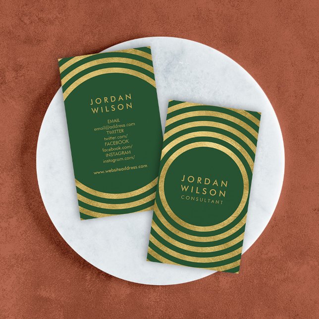 Carte De Visite Elégant Cercles d'or vert géométrique Médias socia (Créateur téléchargé)