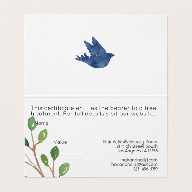 Carte De Visite Élégant certificat cadeau Blue Floral - Ajouter un (Intérieur déplié)