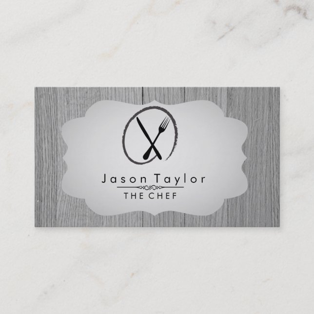 Carte De Visite Élégant Chef Cuisine Rétro Fourche de couteau Gris (Devant)