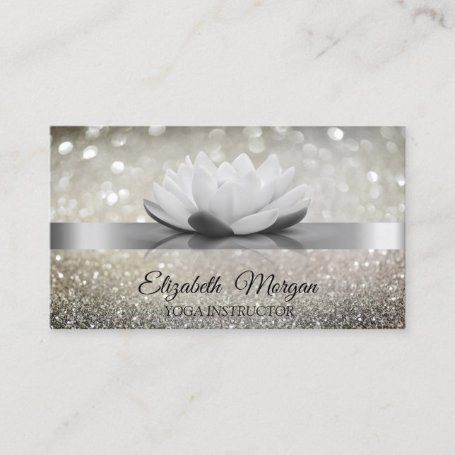 Carte De Visite Elégant Chic Bokeh Argent, Lotus Yoga (Devant)