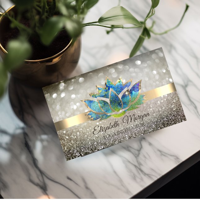 Carte De Visite Elégant Chic Bokeh Gold, Blue Lotus Yoga (Créateur téléchargé)