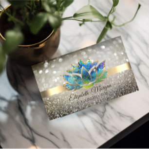Carte De Visite Élégant Chic Bokeh Or, Lotus Bleu Yoga