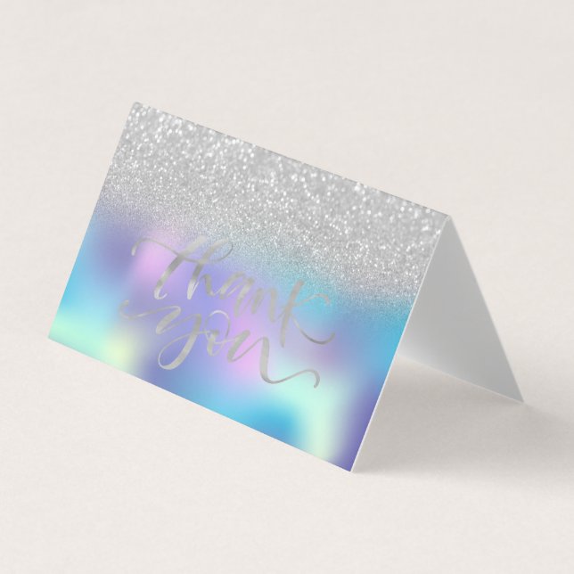 Carte De Visite Élégant Chic Holographique Argent Bokeh Merci (Devant)