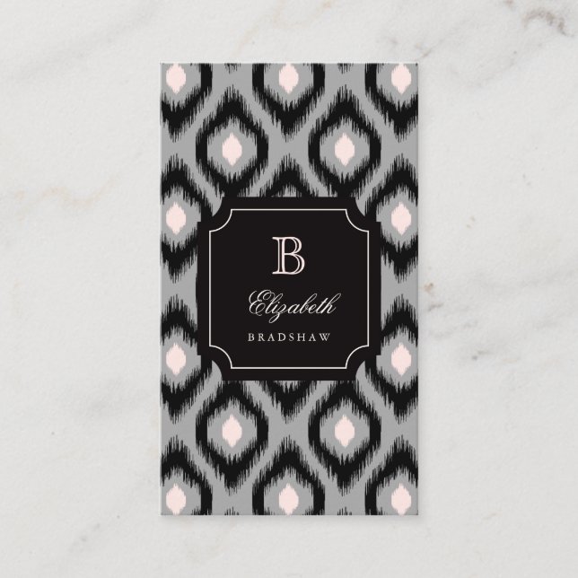 Carte De Visite Élégant Chic noir rose diamant Ikat Monogramme (Devant)