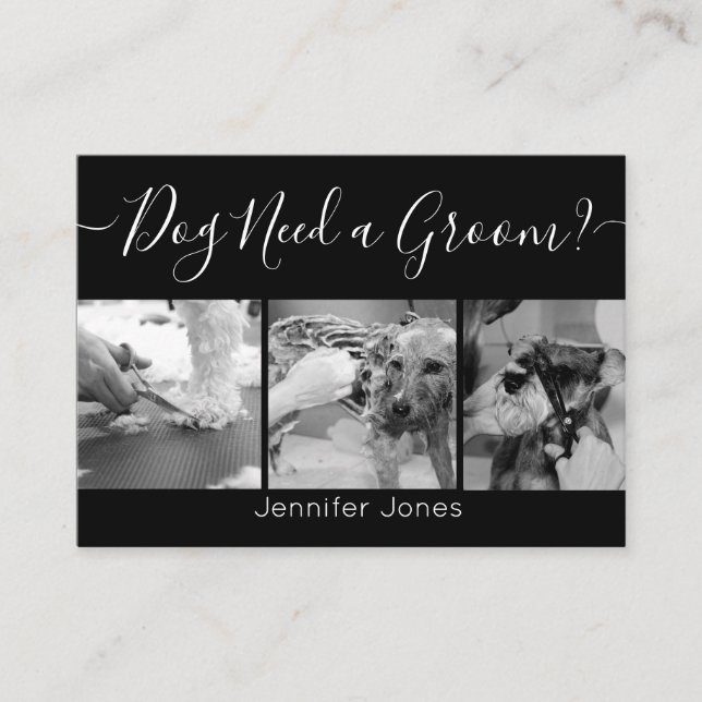 Carte De Visite Élégant Chien noir et blanc Grooming Ajouter un lo (Devant)