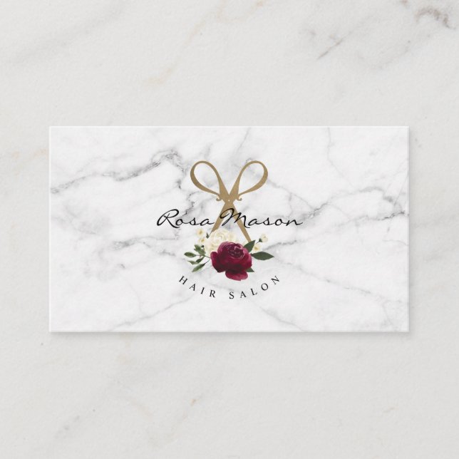 Carte De Visite Elégant ciseau or & Aquarelle rouge logo floral (Devant)
