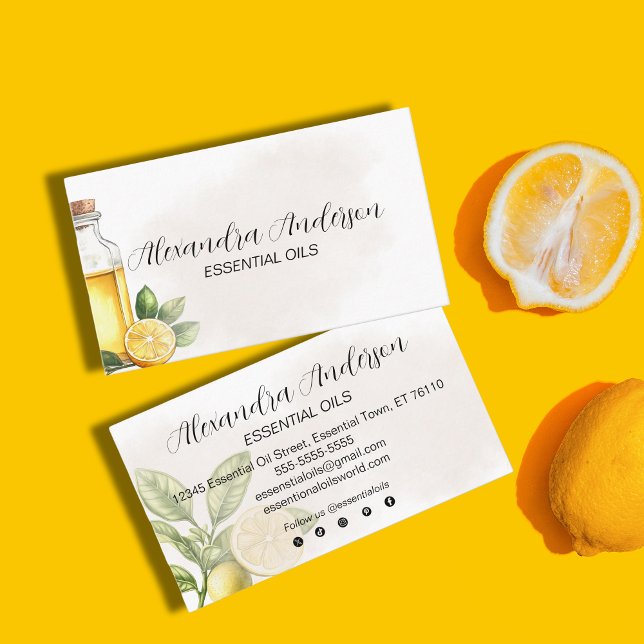 Carte De Visite Élégant citron floral Essential Huiles Aquarelle (Elegant Floral Lemon Essential Oils Watercolor Business Card)