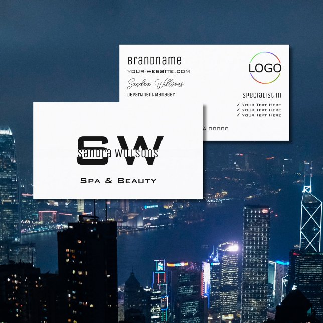 Carte De Visite Élégant classique blanc avec Monogramme et logo (Créateur téléchargé)