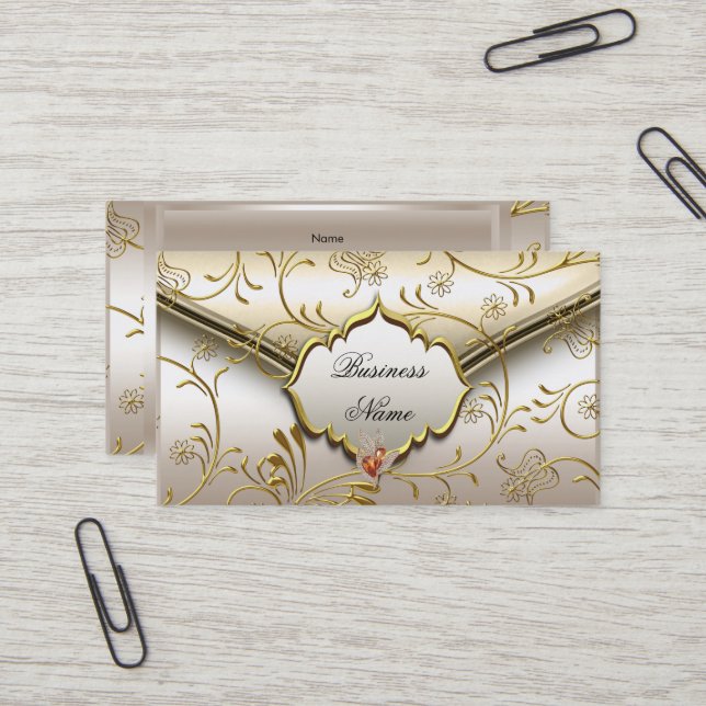 Carte De Visite Elégant Classy Damask Caramel Crème Beige Or (Devant/Arrière en situation)