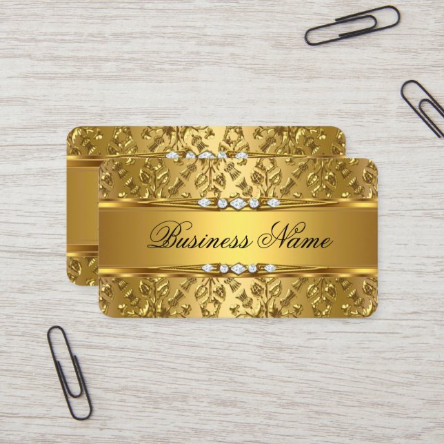 Carte De Visite Elégant Classy Gold Damask Embossé Look (Devant/Arrière en situation)