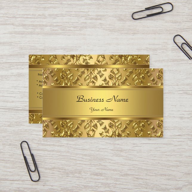 Carte De Visite Elégant Classy Gold Damask Embossé Look (Devant/Arrière en situation)